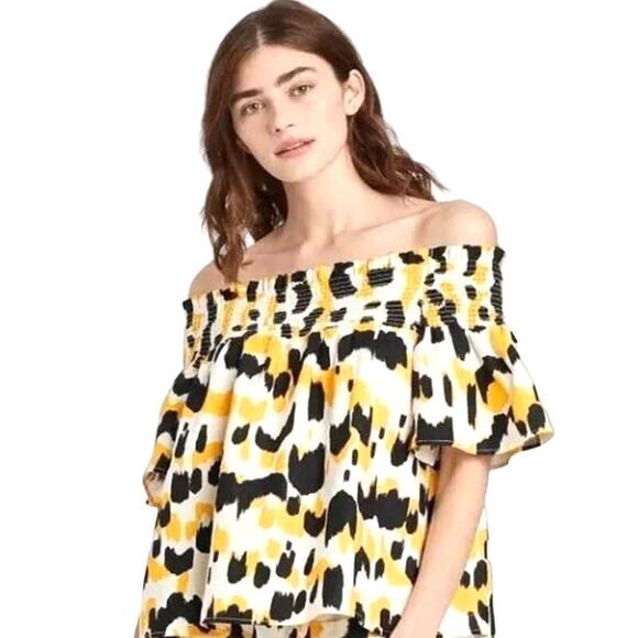 NEW Who What Wear Linen Graphic Smocked Off The Shoulder Short Sleeve Blouse XS - Picture 2 of 4